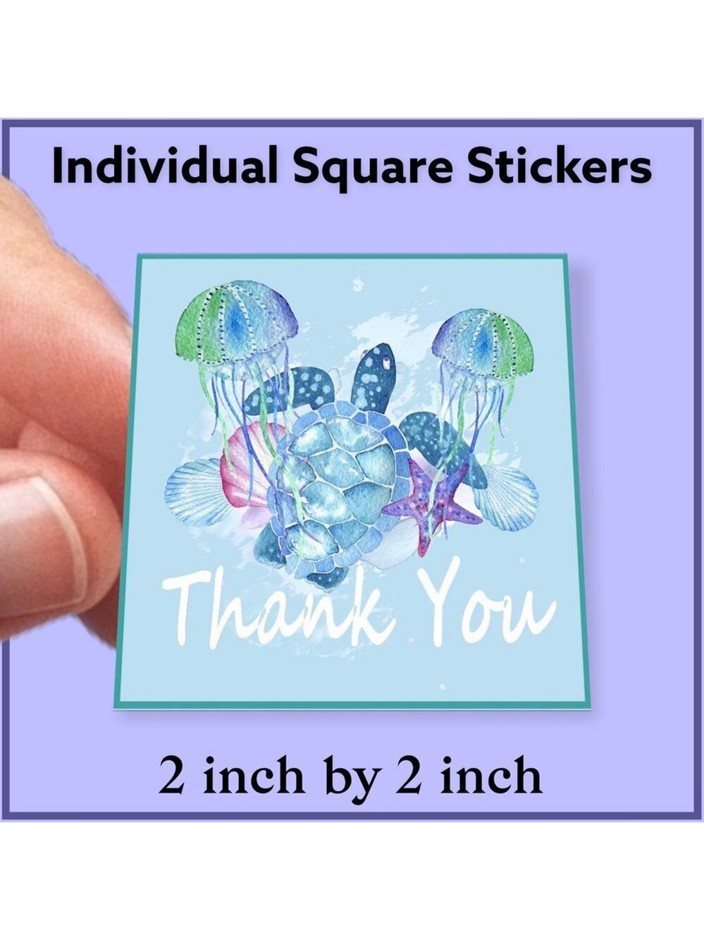 200 (2x2 Inch) Square Stickers, Sea Turtle & Jellyfish High Gloss, Thank… - Picture 2 of 3